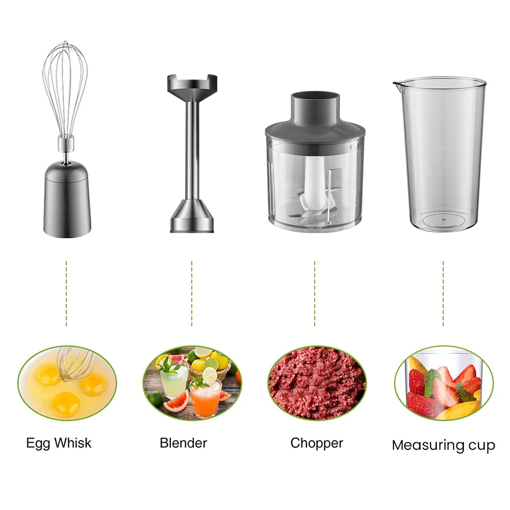 Mixeur Plongeant Multifonction en Acier avec accessoires fouet, mixeur, hachoir et verre doseur