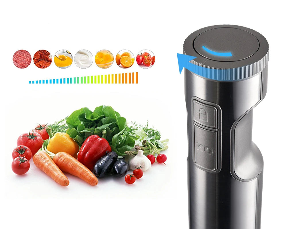Mixeur Plongeant Multifonction en Acier avec réglage de vitesse et assortiment de légumes frais