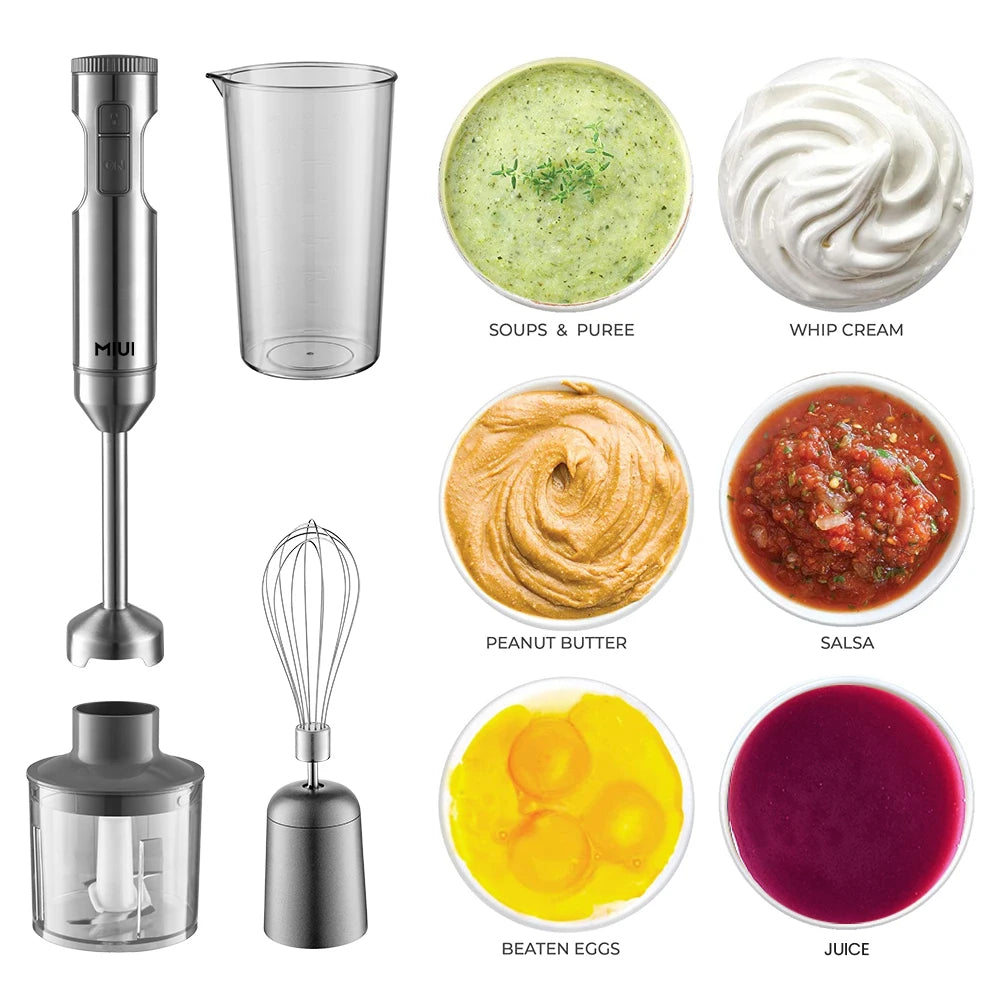 Mixeur Plongeant Multifonction en Acier avec accessoires pour soupes, crème, beurre de cacahuète, salsa, œufs battus et jus