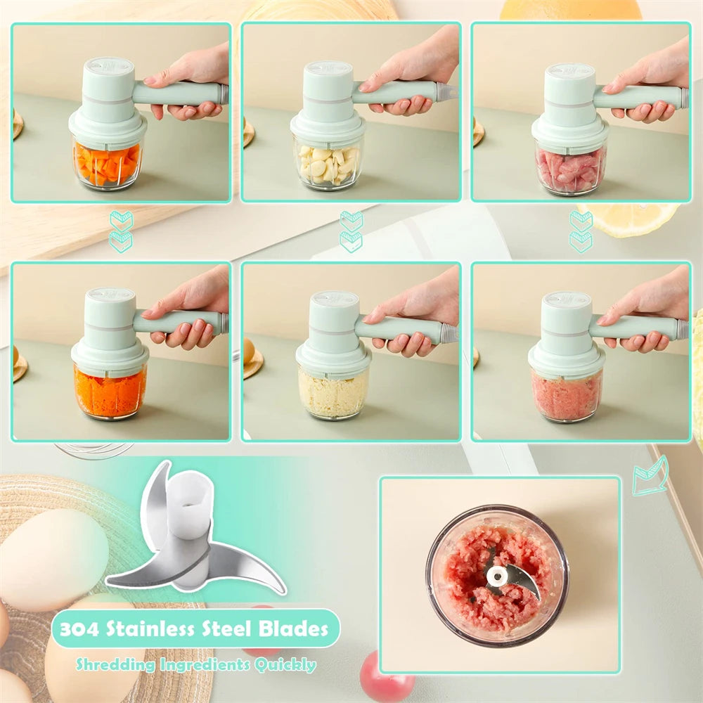 Mixeur multifonction Électrique Rechargeable 3 Vitesses avec lames en acier inoxydable pour hacher rapidement légumes, fruits et viande
