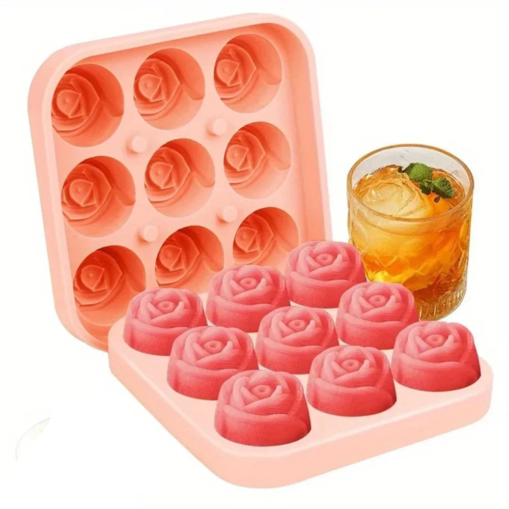 Moule à Glaçons Silicone Rose – Design Élégant & Pratique en forme de roses avec verre de boisson