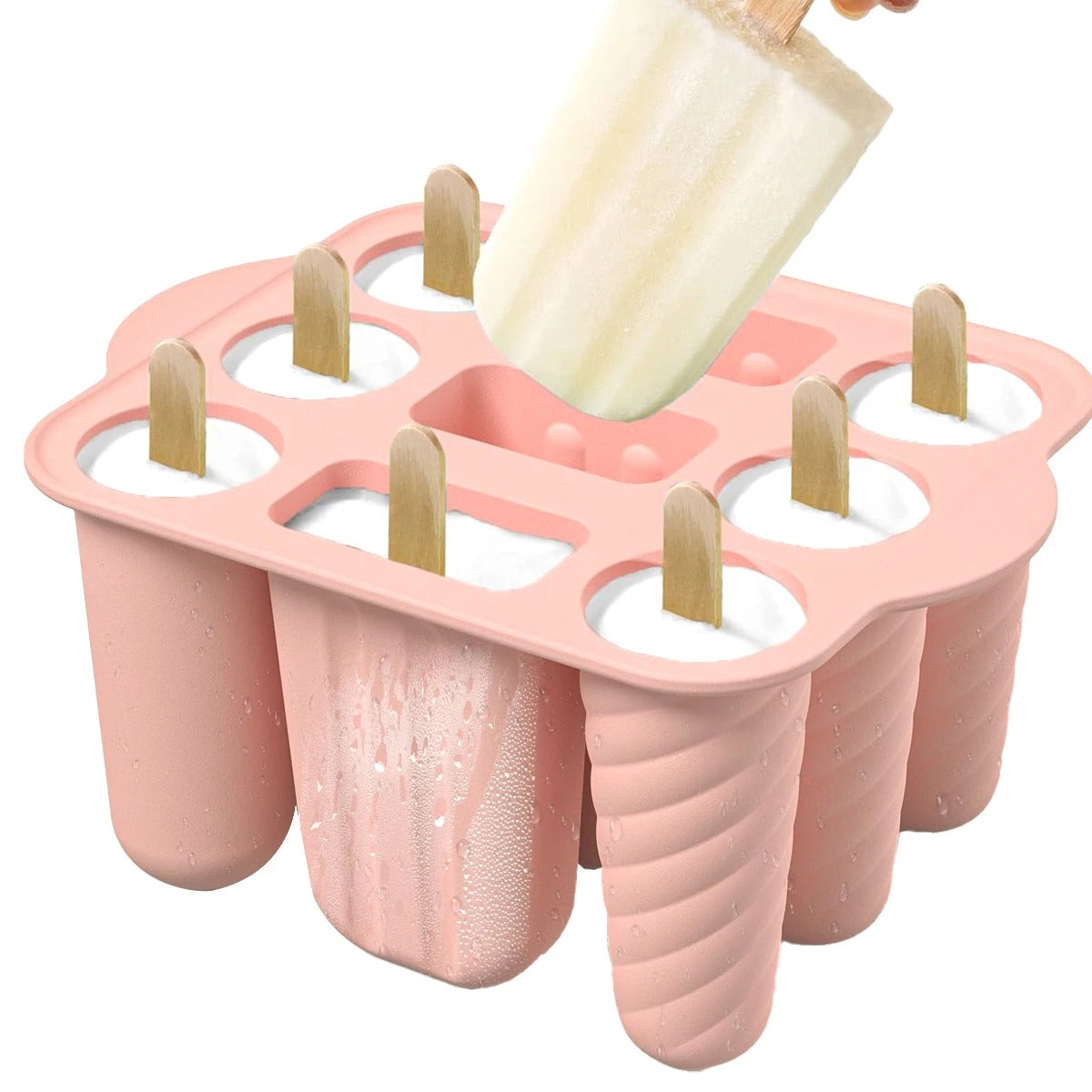 Moule à Glaces en Silicone – 9 /12 Cavités rose avec bâtonnets en bois pour glaces maison