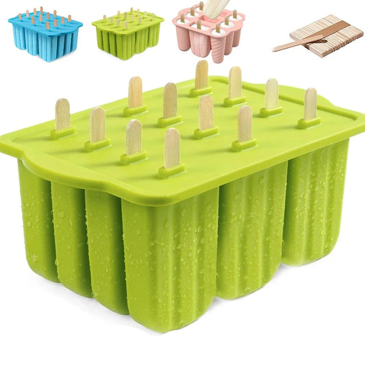 Moule à Glaces en Silicone – 9 /12 Cavités vert avec bâtonnets en bois pour glaces maison