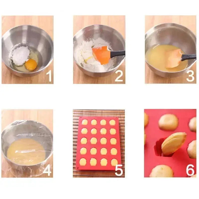 Moule madeleine silicone avec des étapes de préparation de la pâte à madeleine en cuisine