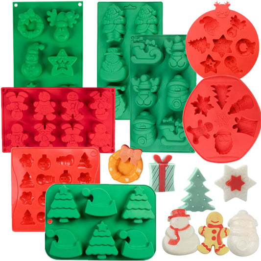 Moule Noël en Silicone Pour Chocolats, Biscuits & Gâteaux avec diverses formes festives en rouge et vert