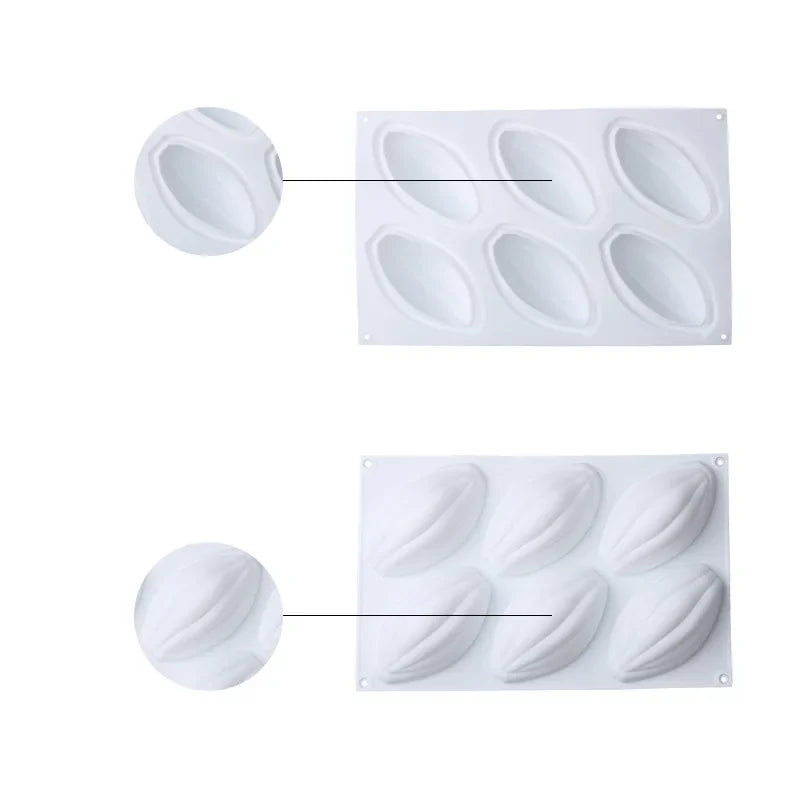 Moule Silicone 6 Cavités Forme Olive blanc pour pâtisserie avec détails de cavités ovales