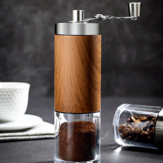 Moulin à Café Manuel Portable en bois avec compartiment transparent rempli de café moulu
