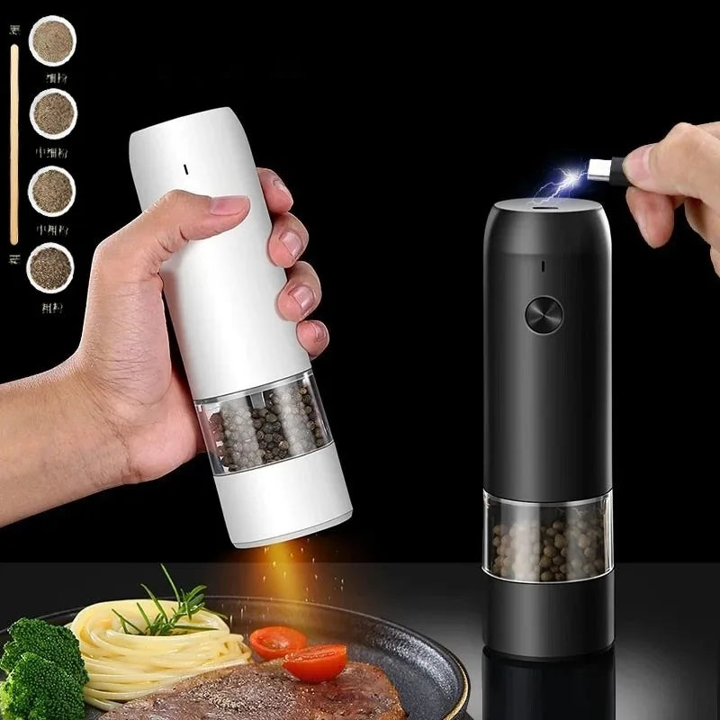 Moulin à Épices Électrique Rechargeable blanc et noir par Ustensile de chef avec poivre en grains