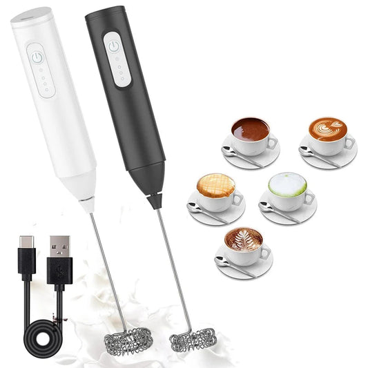 Mousseur à Lait Électrique Sans Fil Ustensile de chef en noir et blanc avec câble USB et exemples de boissons