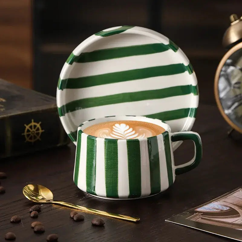 Mug en Porcelaine avec Plateau rayé vert, parfait pour le café ou le thé