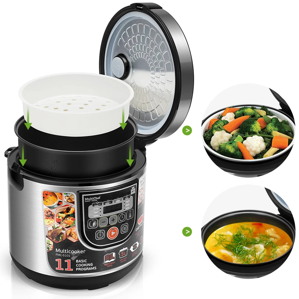 Multicuiseur électrique 5L – Cuiseur Riz, Vapeur, Soupe, Programmable en acier inoxydable avec bol vapeur et écran digital