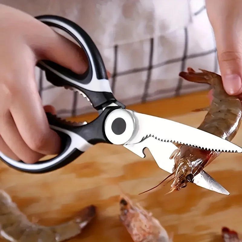 Ciseaux de Cuisine Multifonction noirs et blancs coupant une crevette, ustensile de chef pratique