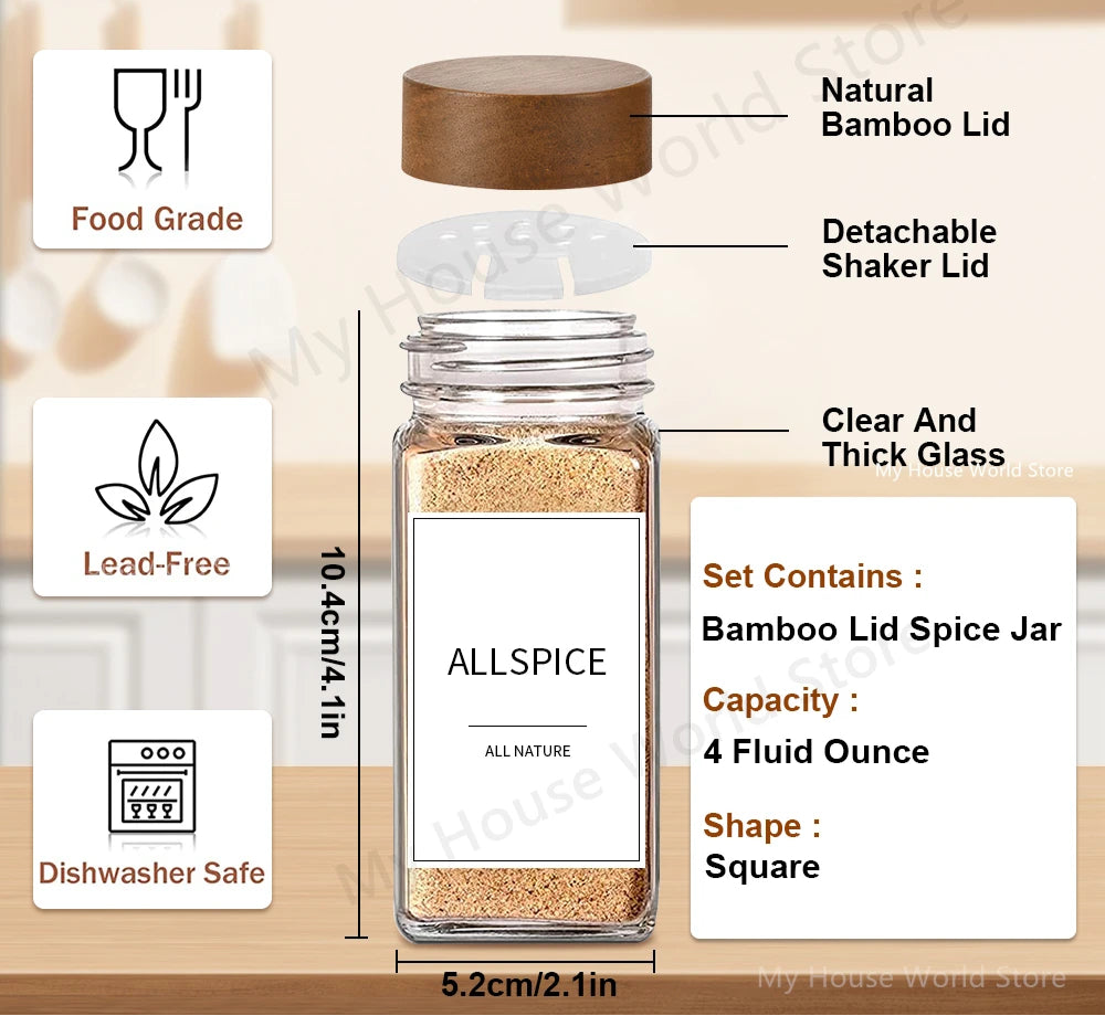 Coffret Bocaux à Épices Verre – Rangement Cuisine 120 ml avec couvercle bambou naturel détachable