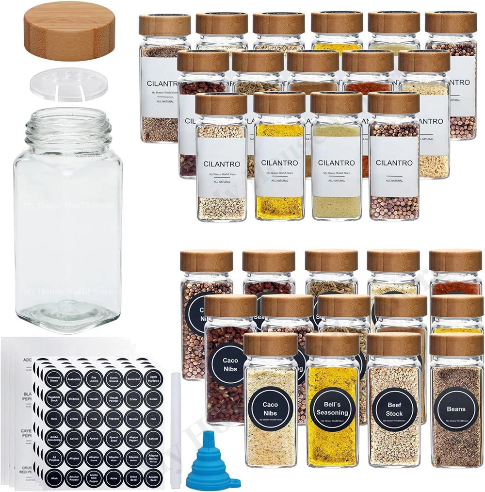 Coffret Bocaux à Épices Verre – Rangement Cuisine 120 ml avec couvercles en bambou étiquettes et entonnoir