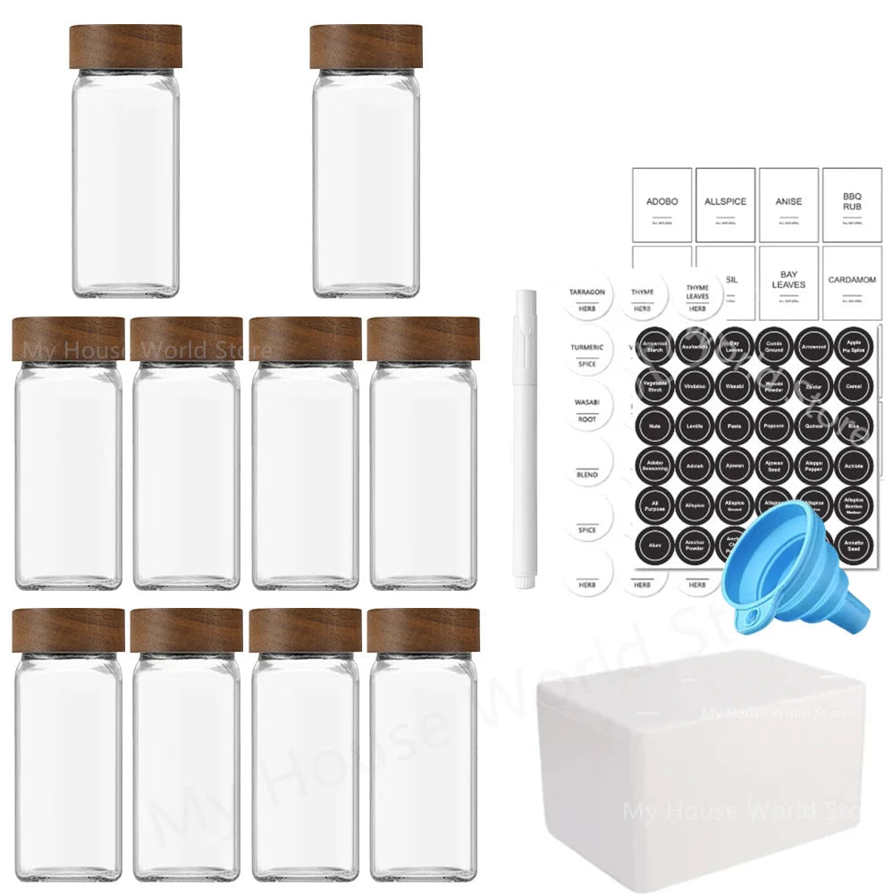 Coffret Bocaux à Épices Verre – Rangement Cuisine 120 ml avec bouchons en bois et étiquettes pour organiser les épices