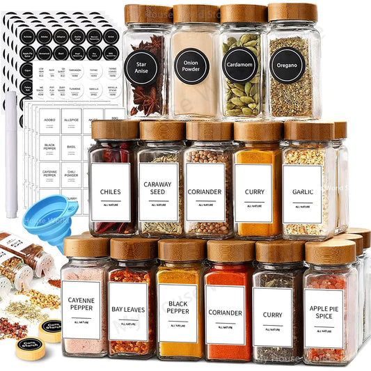 Coffret Bocaux à Épices Verre – Rangement Cuisine 120 ml avec étiquettes et bouchons en bois pour ustensiles de chef
