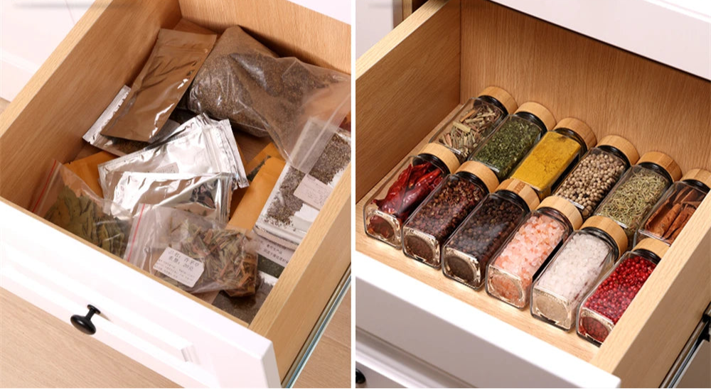 Coffret Bocaux à Épices Verre – Rangement Cuisine 120 ml pour organiser les épices dans un tiroir en bois