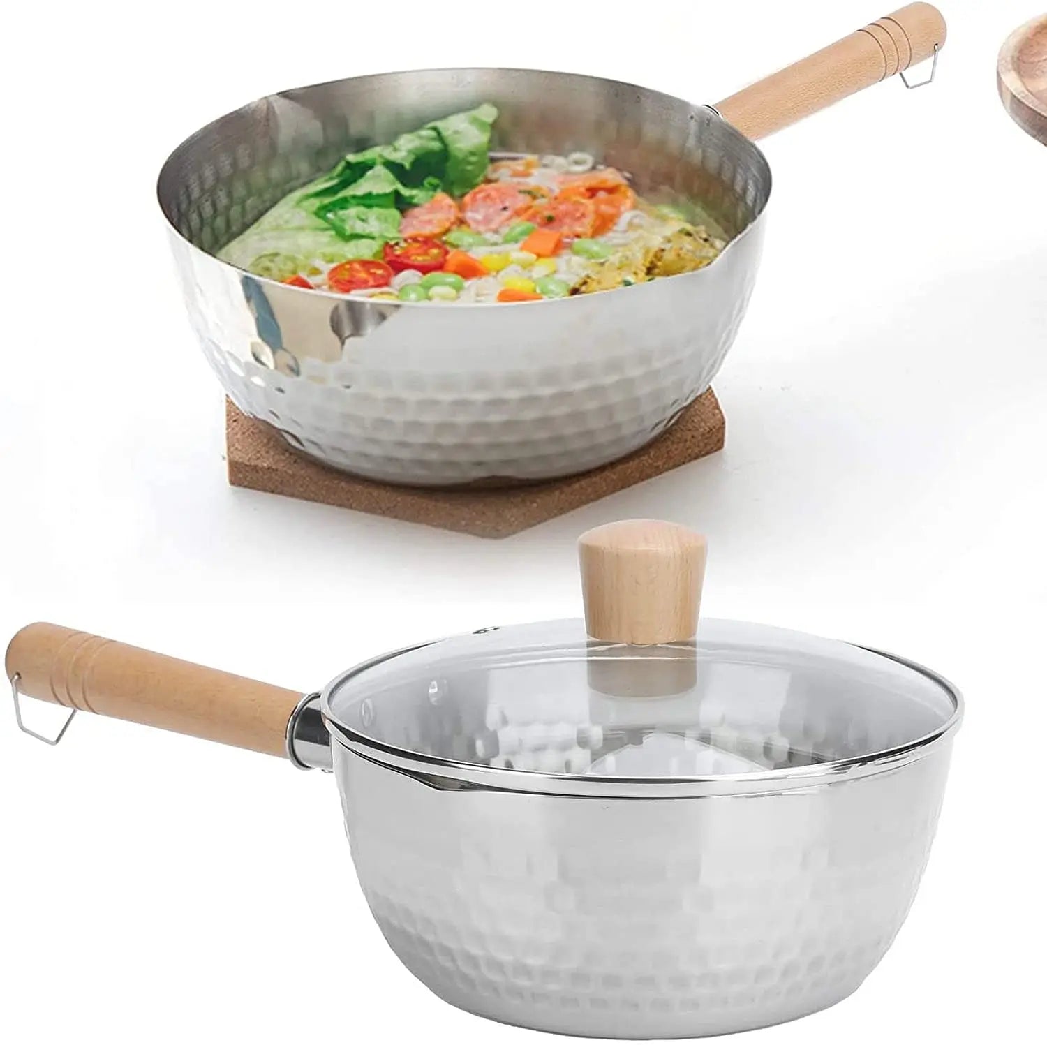 Casserole Inox avec Couvercle Verre et poignée en bois pour cuisiner facilement