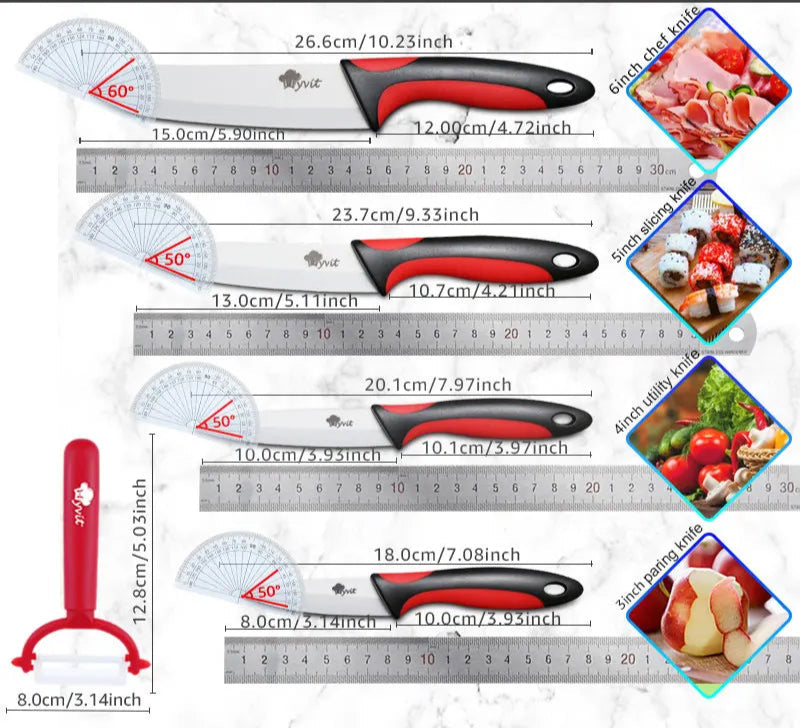 Couteaux Céramique MYVIT – Set 5 Pièces Ultra Tranchantes avec poignée noire et rouge et éplucheur rouge