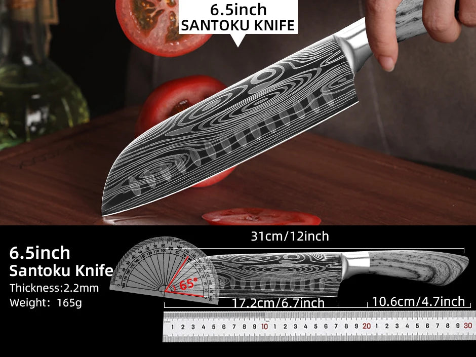 Couteaux de Chef MYVIT – Ultra Tranchants & Durables Santoku 6.5 pouces avec lame en acier damassé et manche ergonomique