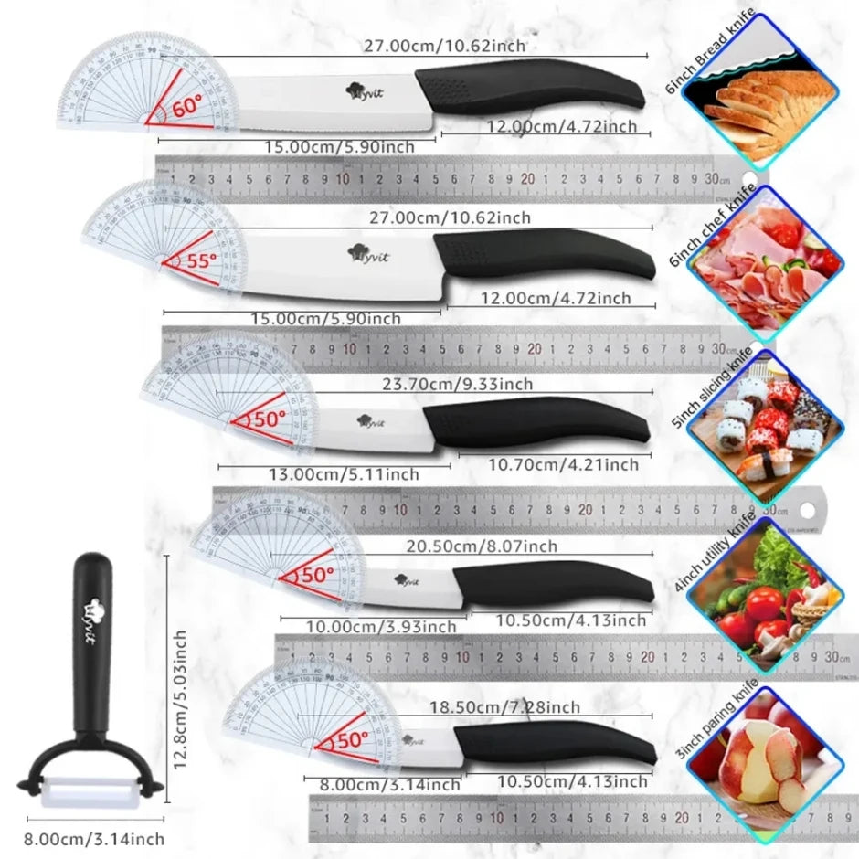 Set 5 Couteaux Céramique MYVIT plus éplucheur ultra-tranchant avec mesures et usage pour pain, viande, sushi, légumes et fruits