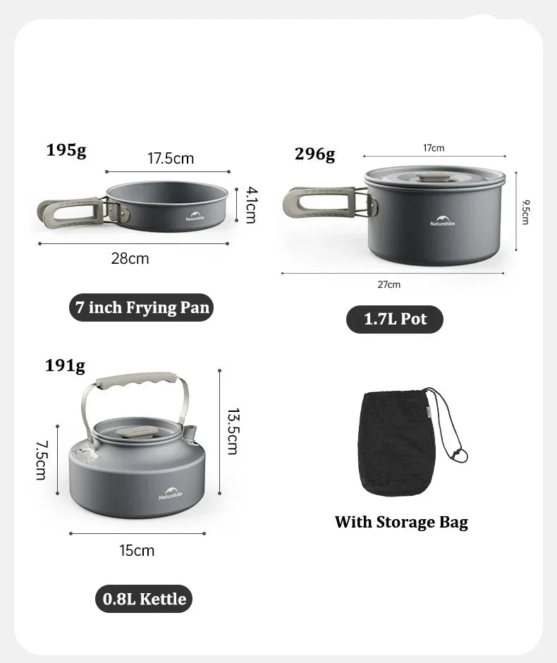 Batterie de Cuisine Camping Naturehike avec poêle 7 pouces, casserole 1,7L, bouilloire 0,8L et sac de rangement