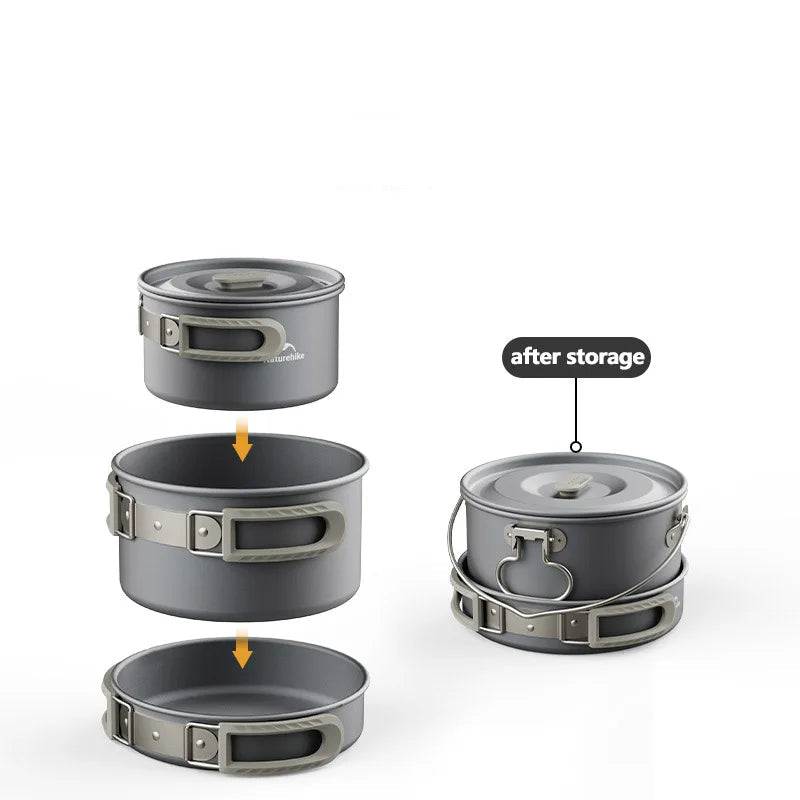 Batterie de Cuisine Camping Naturehike grise empilable avec poignées pliables pour un rangement compact