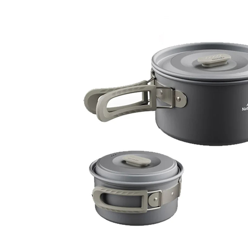 Batterie de Cuisine Camping Naturehike comprenant casseroles gris foncé avec poignées pliables pour camping