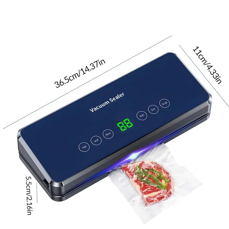 Machine sous vide Oein 30 cm – Puissante & stérilisation UV. Scelleuse bleue avec écran LED et sac scellé contenant un steak