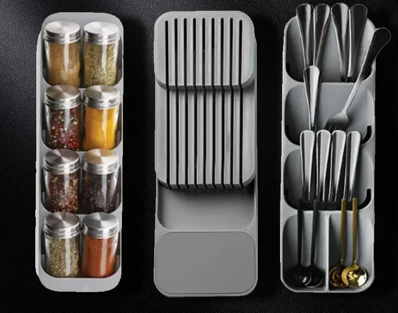 Organisateur de Couverts Compact – Rangement Pratique gris avec compartiments pour épices et couverts