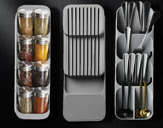 Organisateur de Couverts Compact – Rangement Pratique gris avec compartiments pour épices et couverts