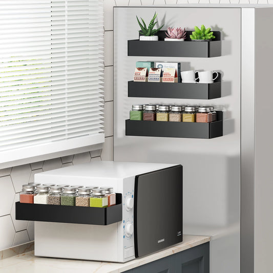 Organisateur Épices Magnétique pour Frigo – Pratique et Durable avec bocaux d'épices noirs fixés sur frigo et micro-ondes