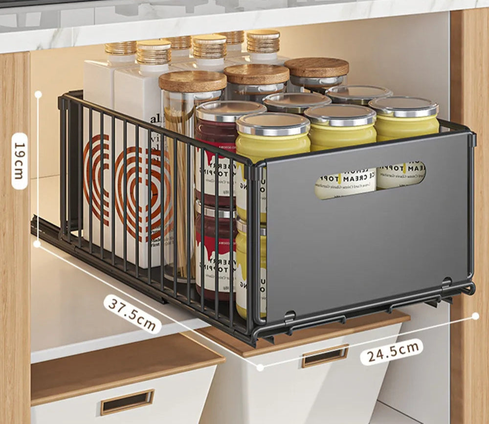 Organisateur tiroir coulissant acier carbone – Gain de place r pour ranger bocaux et bouteilles dans cuisine