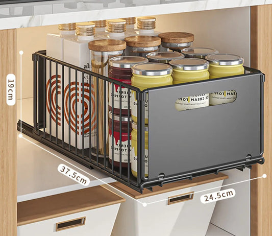 Organisateur tiroir coulissant acier carbone – Gain de place r pour ranger bocaux et bouteilles dans cuisine