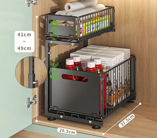 Organisateur tiroir coulissant acier carbone – Gain de place r pour cuisine avec deux paniers de rangement réglables