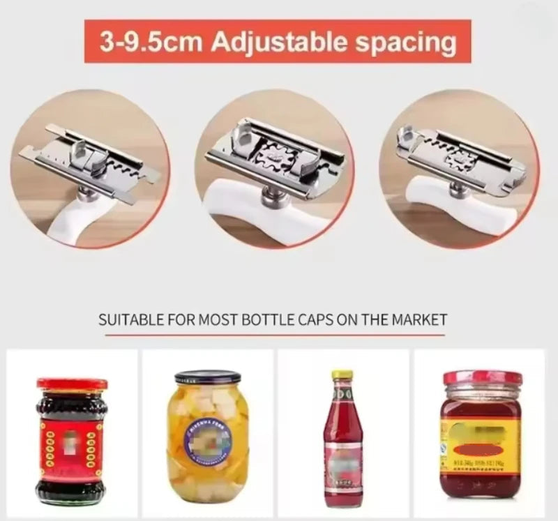 Ouvre-Boîte Inox Ergonomique avec espacement réglable de 3 à 9,5 cm pour les bouchons de bouteilles.