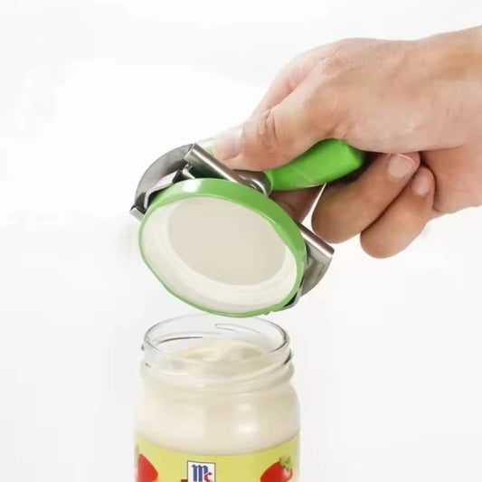 Ouvre-Boîte Inox Ergonomique utilisé pour ouvrir un bocal en verre facilement avec une prise confortable