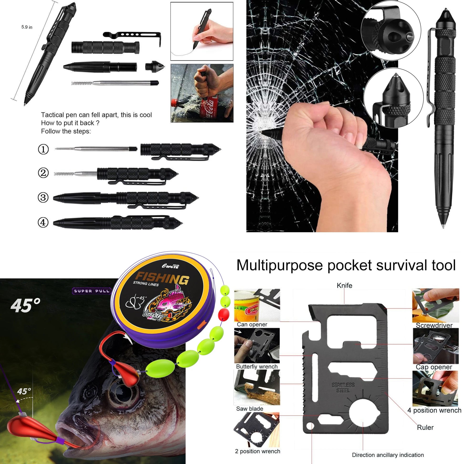 Pack Survie Solo 72h – Kit complet avec outil multifonction, stylo tactique et accessoires de pêche