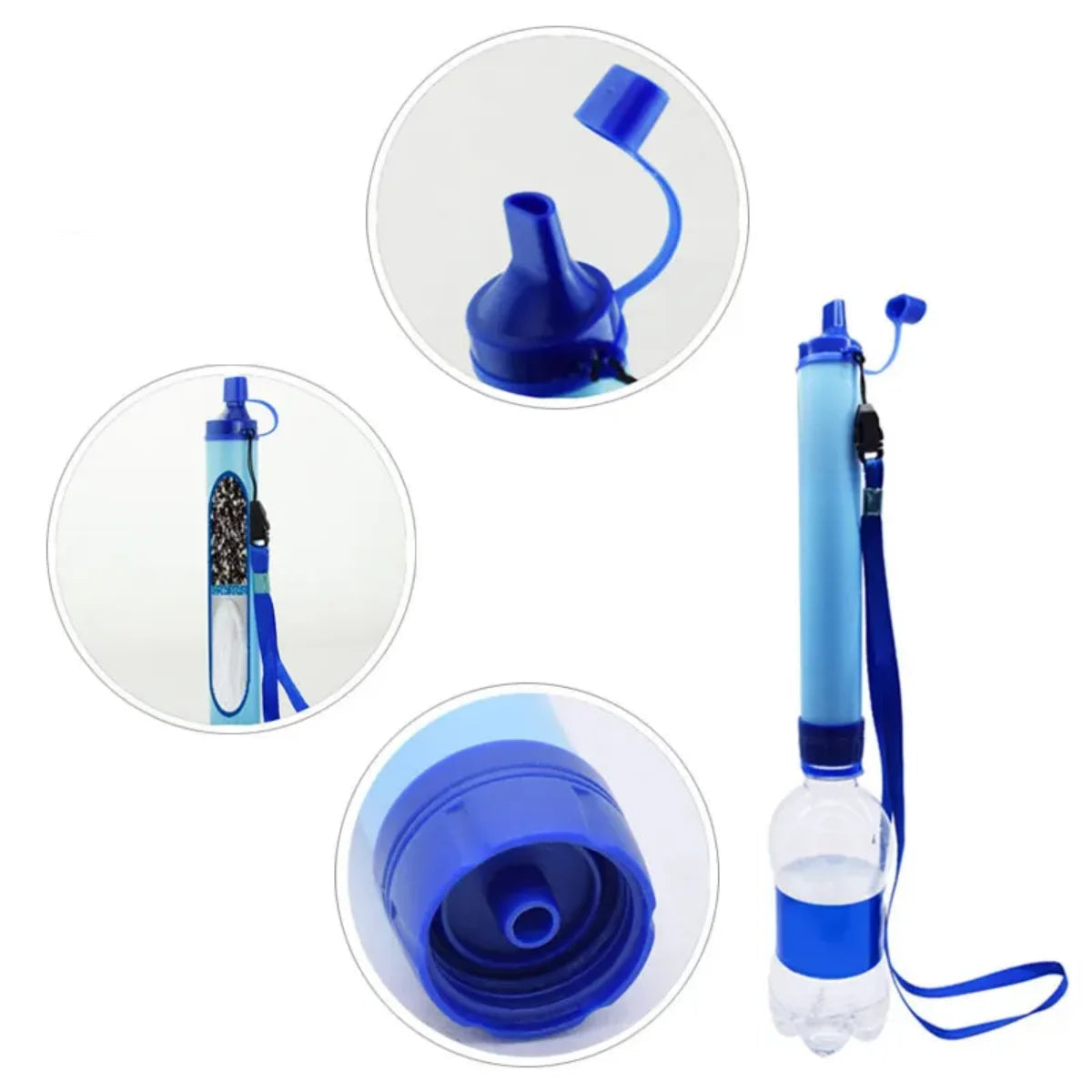 Filtre à eau portable bleu avec embout et cordelette dans Pack Survie 72h – Kit Complet Famille 3-4 Pers