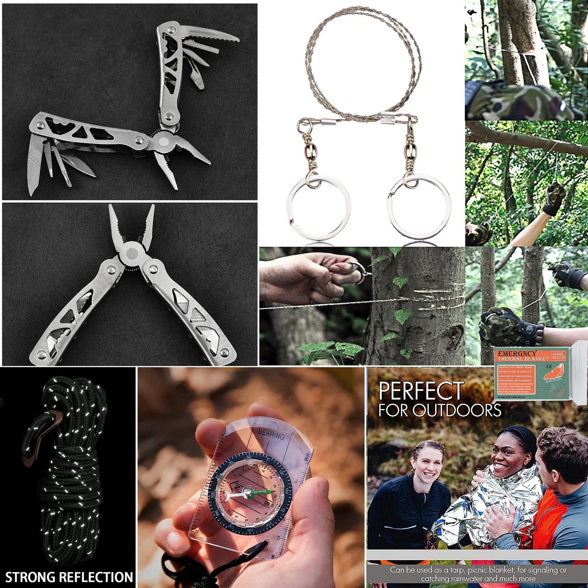 Pack Survie Solo 72h – Kit complet Guide PDF offert avec outils multifonctions, scie fil, corde, boussole et couverture de survie