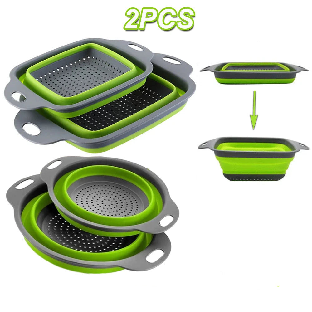 Paniers Égouttoirs Pliables en Silicone – Lot de 2 verts et gris avec poignées pour cuisine pratique