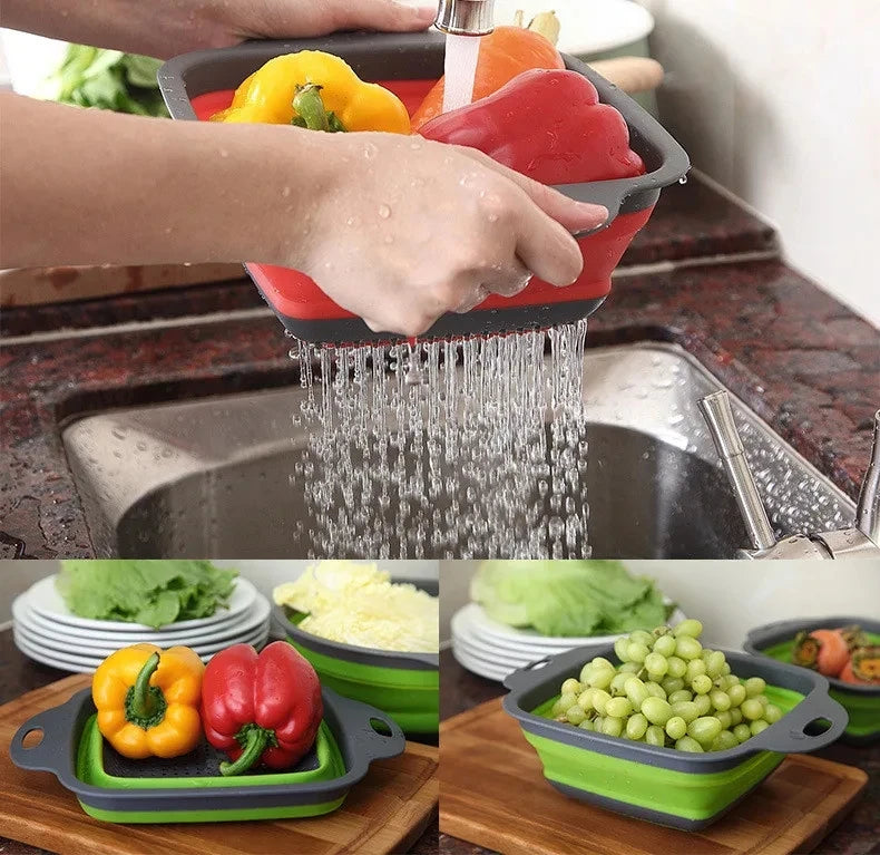 Paniers Égouttoirs Pliables en Silicone – Lot de 2 utilisés pour rincer des légumes et fruits frais à la cuisine