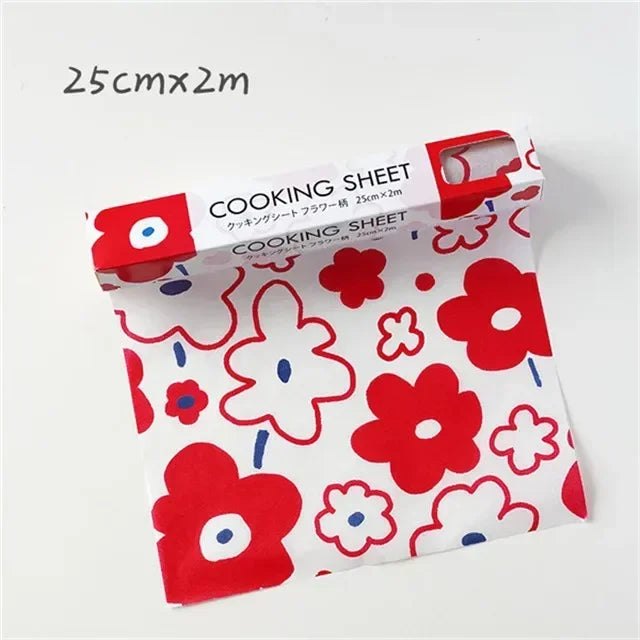 Papier Cuisson Antiadhésif 25 cm avec Découpe Facile aux motifs fleurs rouges et blanches