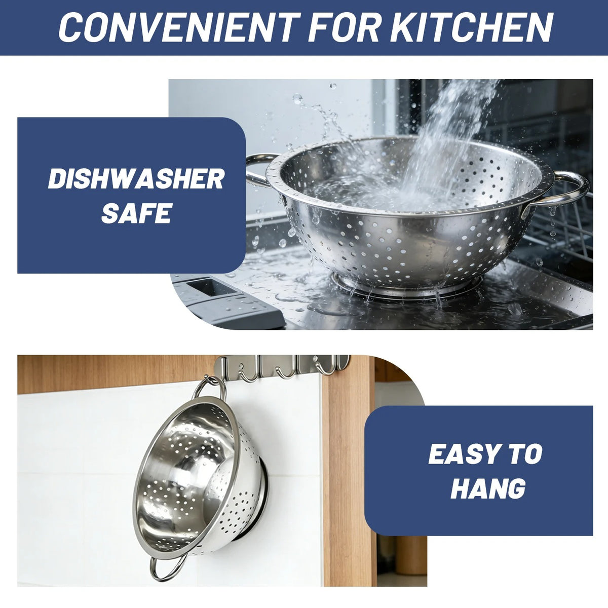 Passoire de Cuisine Inox Grande Capacité – Bol Égouttoir Polyvalent 26 cm avec fonctionnalité suspendue et compatible lave-vaisselle