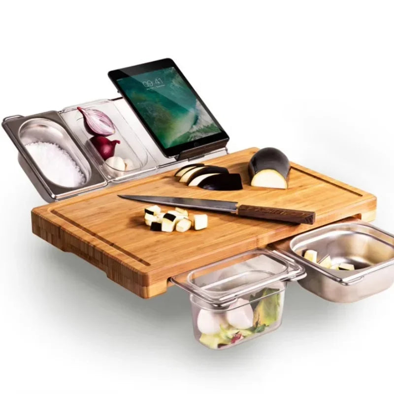 Planche à Découper Bambou avec Bacs – Éco  Pratique par Ustensile de chef avec couteau et ingrédients