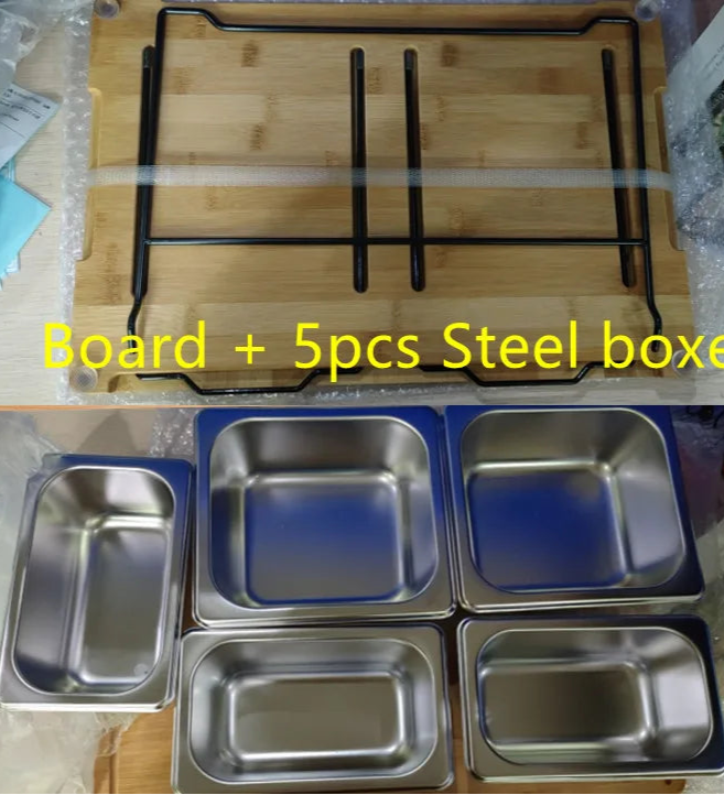 Planche à Découper Bambou avec Bacs – Éco Pratique et 5 bacs en acier inoxydable pour cuisine