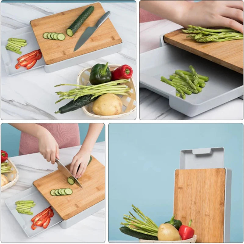 Planche à Découper Bambou avec Tiroir Intégré Pratique montrant légumes tranchés et rangement facile