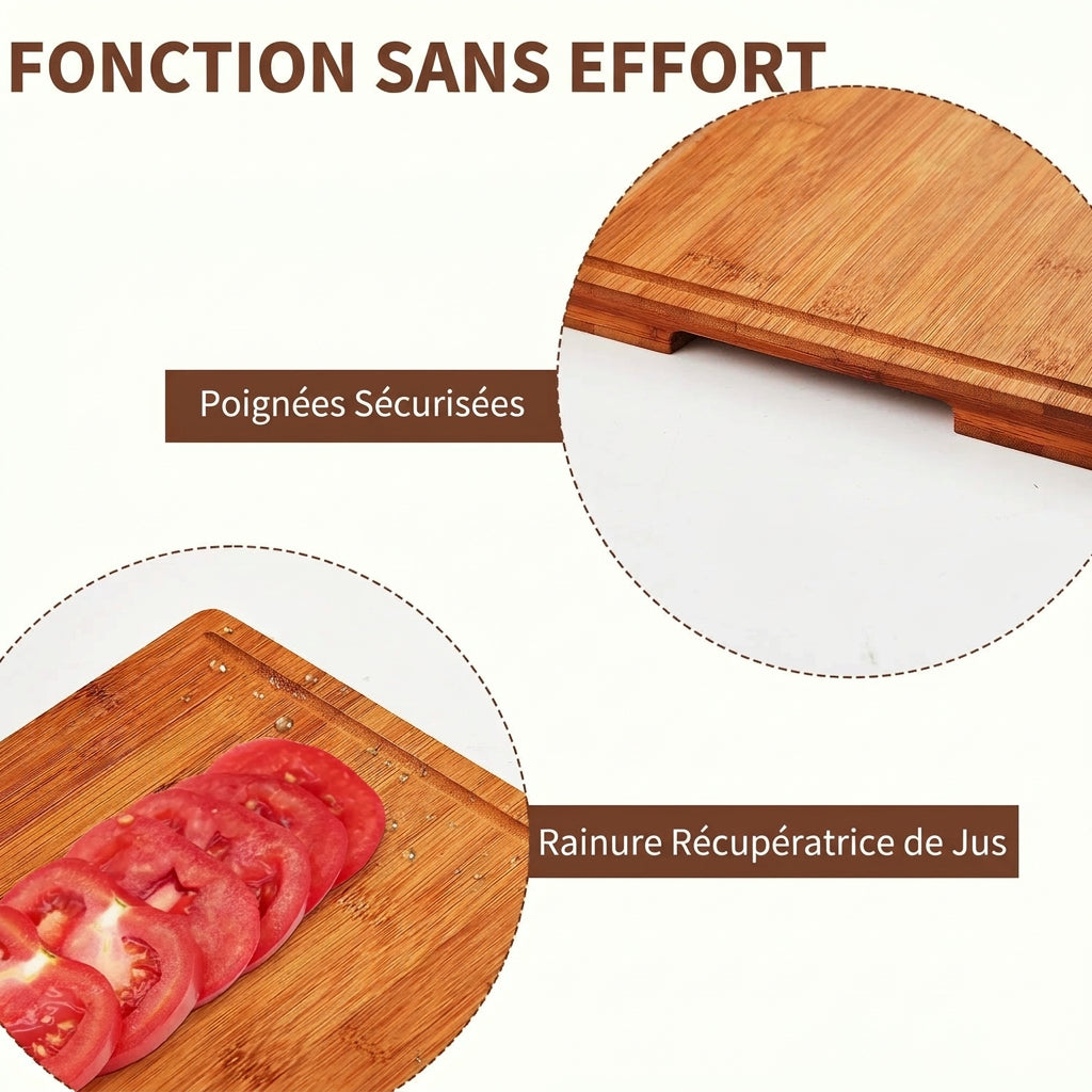 Planche à Découper en Bambou 40 × 28 cm avec Rigole, parfaite pour une découpe facile et propre