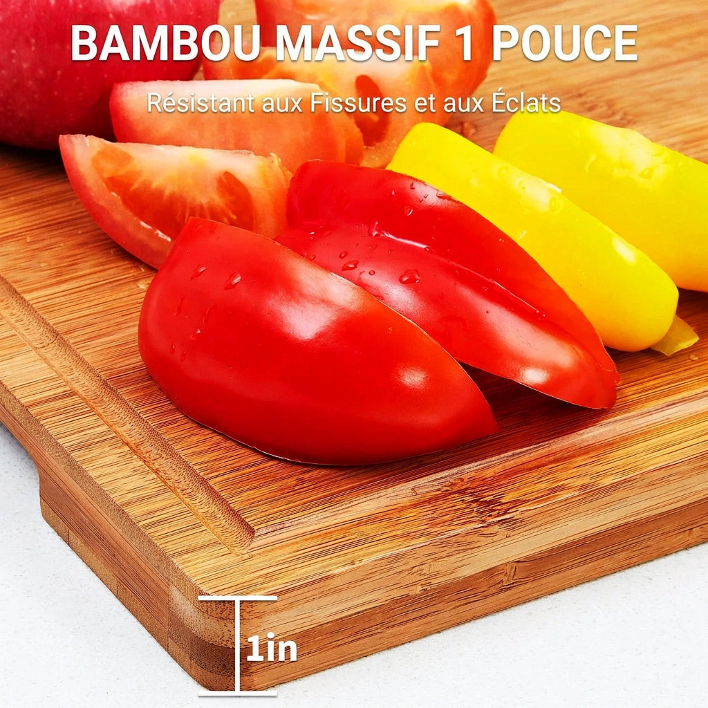 Planche à Découper en Bambou 40 × 28 cm avec Rigole, idéale pour trancher fruits et légumes.