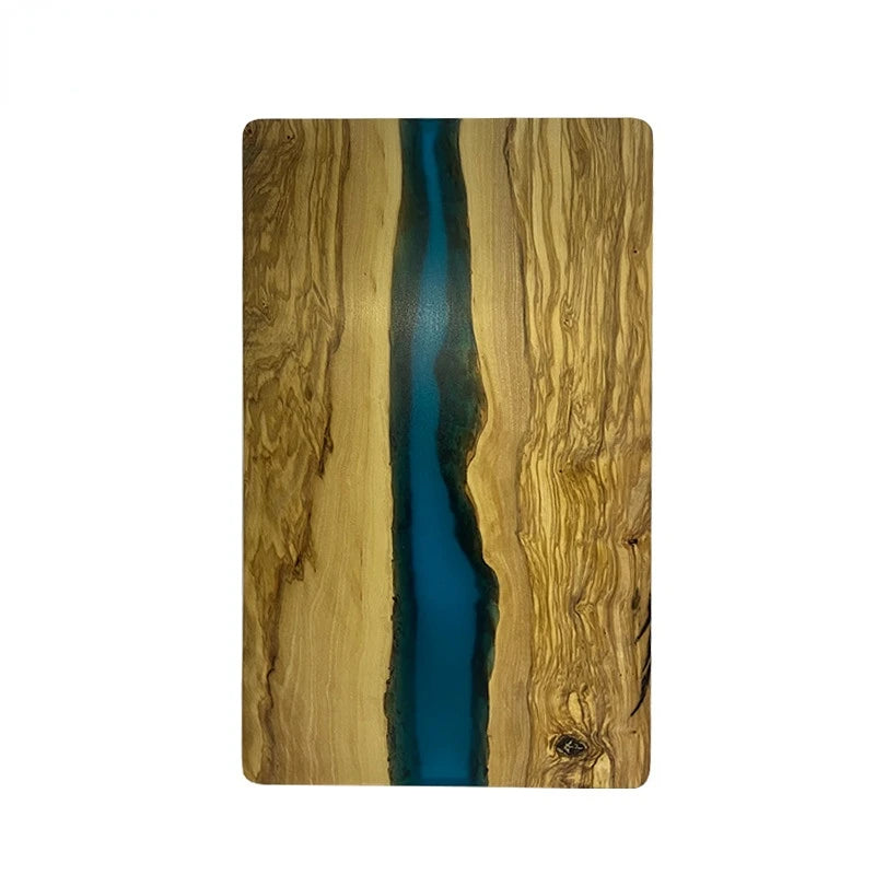 Planche Bois Olivier & Résine – Élégante & Artisanale avec veinage naturel et résine bleue centrale